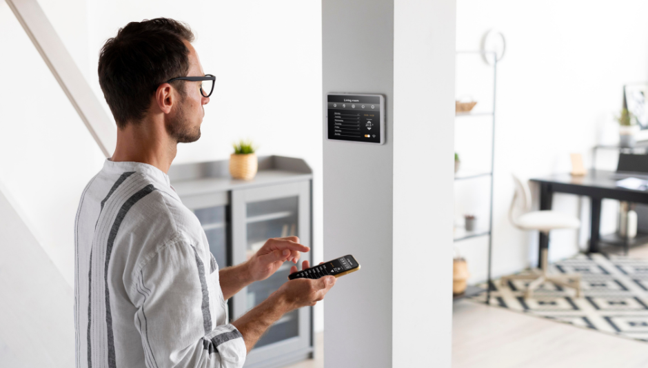 uomo che utilizza la domotica della sua casa