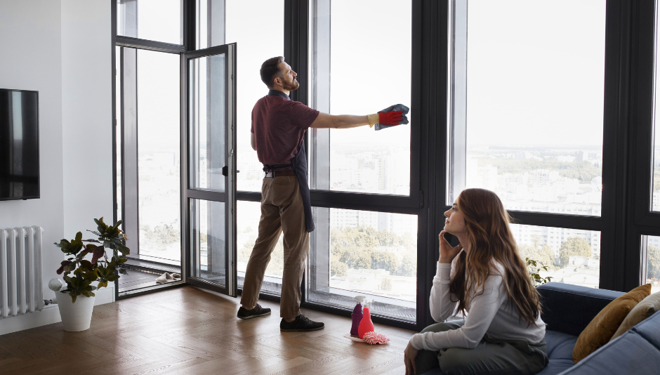 barriere architettoniche e serramenti, due ragazzi intenti a pulire il moderno infisso
