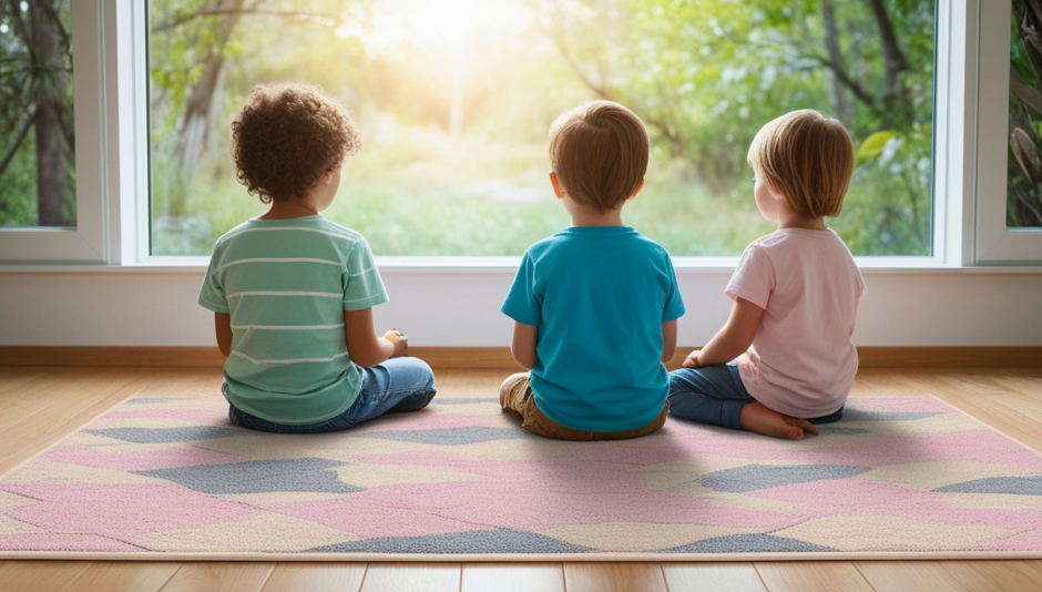 Bambini seduti che guardano fuori da una finestra in una giornata di sole