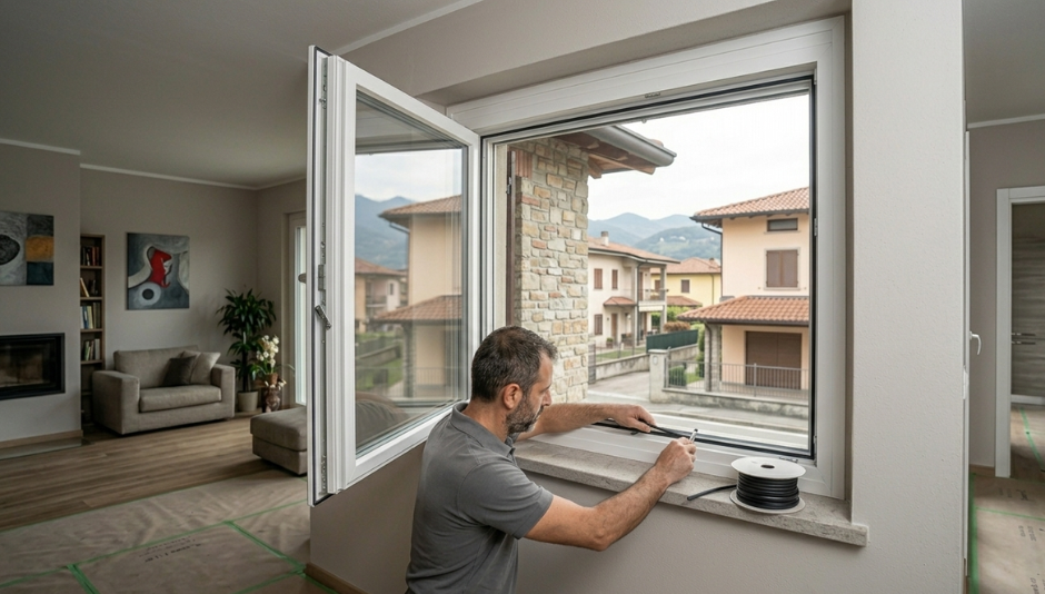 Lavoratore che monta la guarnizione su una finestra