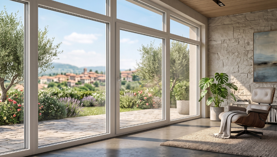 Una grande vetrata di una casa
